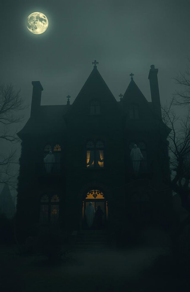 A dark, mysterious house shrouded in shadows, illuminated by eerie moonlight