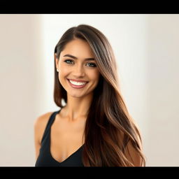 A portrait of a 27-year-old woman with long, striking brunette hair that cascades elegantly down her shoulders