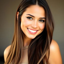 A portrait of a 27-year-old woman with long, striking brunette hair that cascades elegantly down her shoulders