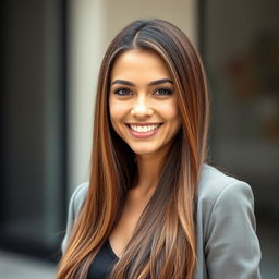A portrait of a 27-year-old woman with long, striking brunette hair that cascades elegantly down her shoulders