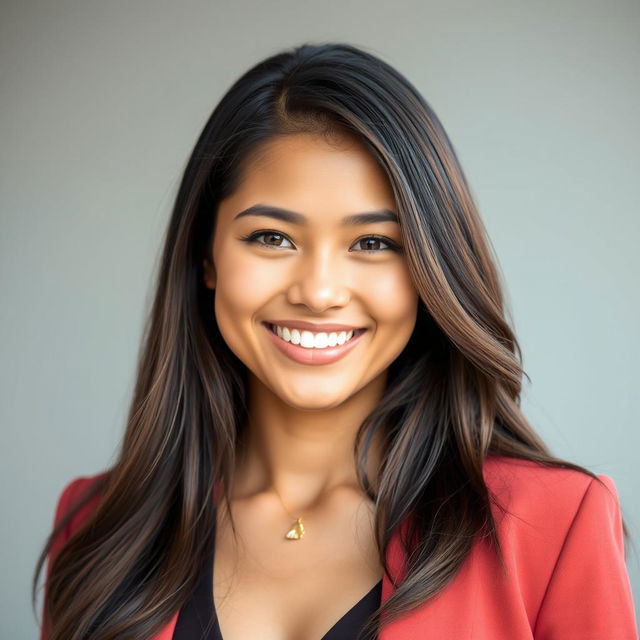 A portrait of a 27-year-old woman with long, striking brunette hair that cascades elegantly down her shoulders