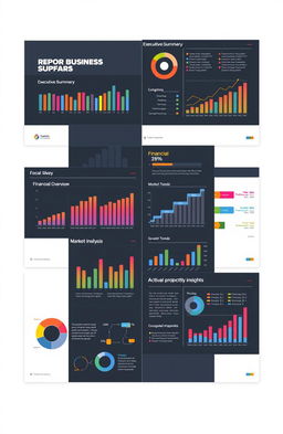 A detailed and modern business report layout featuring stylish graphs and charts highlighting key performance indicators, financial statistics, market analysis, and growth projections