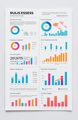 A detailed and modern business report layout featuring stylish graphs and charts highlighting key performance indicators, financial statistics, market analysis, and growth projections