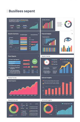 A detailed and modern business report layout featuring stylish graphs and charts highlighting key performance indicators, financial statistics, market analysis, and growth projections