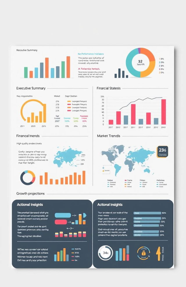 A detailed and modern business report layout featuring stylish graphs and charts highlighting key performance indicators, financial statistics, market analysis, and growth projections