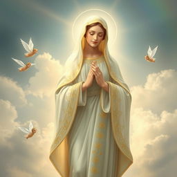 An ethereal depiction of Mary, the Mother of God, standing gracefully in a serene celestial environment