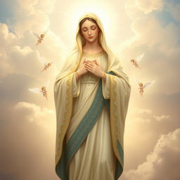 An ethereal depiction of Mary, the Mother of God, standing gracefully in a serene celestial environment
