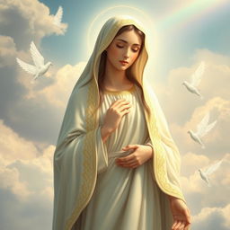 An ethereal depiction of Mary, the Mother of God, standing gracefully in a serene celestial environment