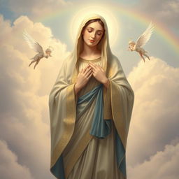 An ethereal depiction of Mary, the Mother of God, standing gracefully in a serene celestial environment