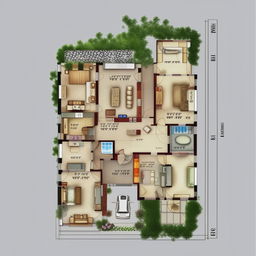 A detailed 50'x65' floor plan featuring 3 bedrooms, a living room, a drawing room, a kitchen with an adjoining storage area, a bathroom with an incorporated swimming pool, an indoor garden and courtyard, a servant room, a mandir, and space for 2 car parking.