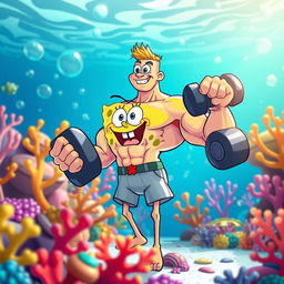 A muscular cartoon character inspired by the beloved SpongeBob SquarePants, depicted in a vibrant and colorful underwater landscape