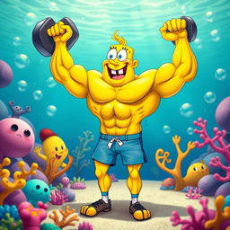 A muscular cartoon character inspired by the beloved SpongeBob SquarePants, depicted in a vibrant and colorful underwater landscape