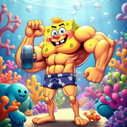 A muscular cartoon character inspired by the beloved SpongeBob SquarePants, depicted in a vibrant and colorful underwater landscape