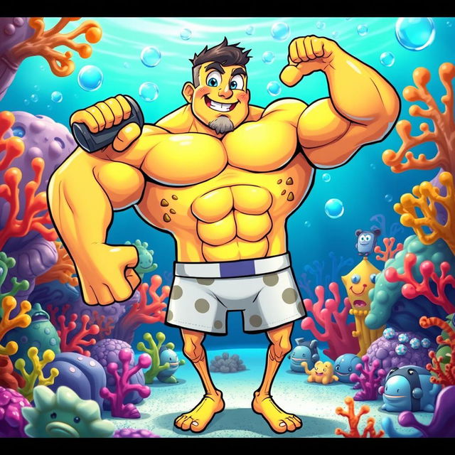 A muscular cartoon character inspired by the beloved SpongeBob SquarePants, depicted in a vibrant and colorful underwater landscape