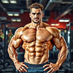 A muscular bodybuilder resembling a famous football player with defined abs, powerful arms, and a charismatic pose, set against a dynamic gym background filled with weights and fitness equipment, under bright energetic lighting that highlights the details of his physique