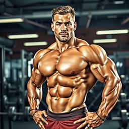 A muscular bodybuilder resembling a famous football player with defined abs, powerful arms, and a charismatic pose, set against a dynamic gym background filled with weights and fitness equipment, under bright energetic lighting that highlights the details of his physique