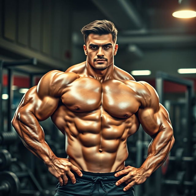 A muscular bodybuilder resembling a famous football player with defined abs, powerful arms, and a charismatic pose, set against a dynamic gym background filled with weights and fitness equipment, under bright energetic lighting that highlights the details of his physique