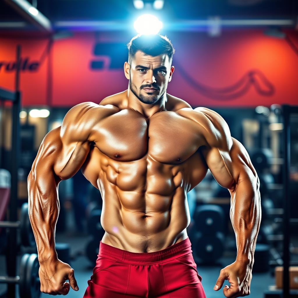 A muscular bodybuilder resembling a famous football player with defined abs, powerful arms, and a charismatic pose, set against a dynamic gym background filled with weights and fitness equipment, under bright energetic lighting that highlights the details of his physique