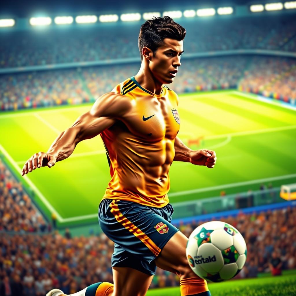 A muscular football player resembling Cristiano Ronaldo, showcasing a well-defined physique with prominent muscles, in an action-packed pose as he dribbles a football on a vibrant green pitch