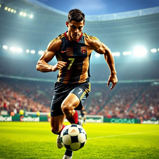 A muscular football player resembling Cristiano Ronaldo, showcasing a well-defined physique with prominent muscles, in an action-packed pose as he dribbles a football on a vibrant green pitch