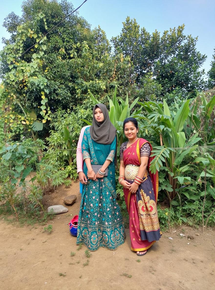 A vibrant outdoor scene featuring three women standing together