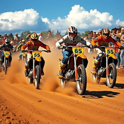 A dynamic vintage motocross scene featuring riders on classic motorcycles kicking up dirt on a sunlit dirt track