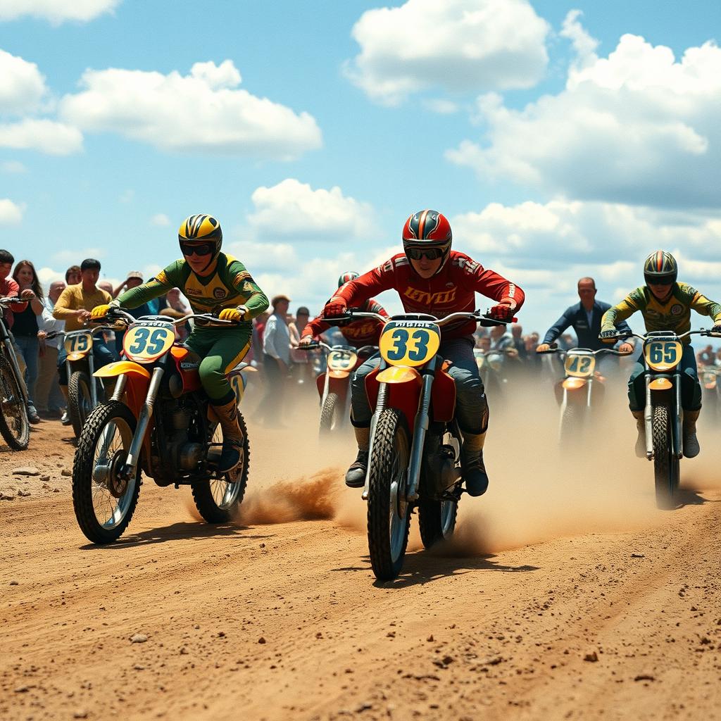 A dynamic vintage motocross scene featuring riders on classic motorcycles kicking up dirt on a sunlit dirt track