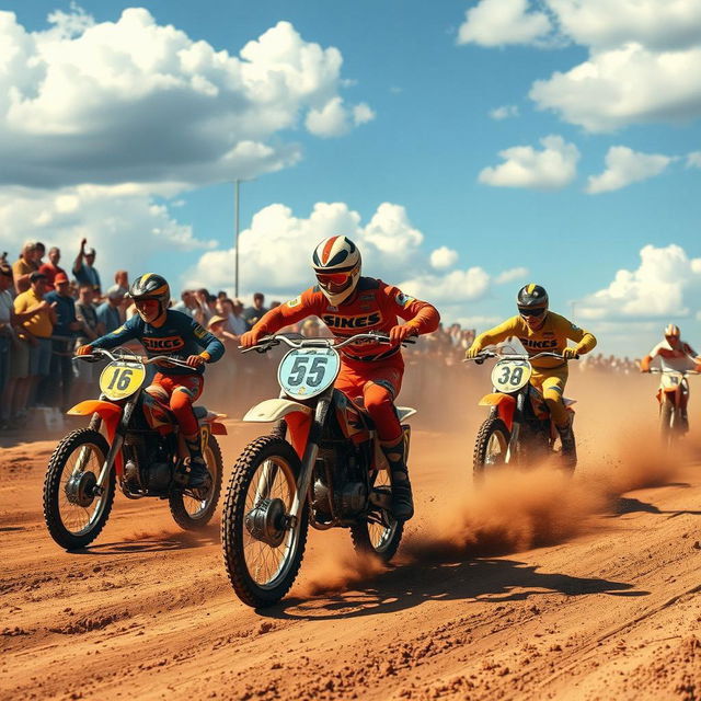 A dynamic vintage motocross scene featuring riders on classic motorcycles kicking up dirt on a sunlit dirt track