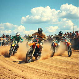 A dynamic vintage motocross scene featuring riders on classic motorcycles kicking up dirt on a sunlit dirt track