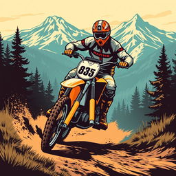 A vintage enduro motorcycle vector illustration showcasing a classic dirt bike in action on a rugged trail surrounded by trees and mountains