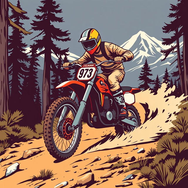 A vintage enduro motorcycle vector illustration showcasing a classic dirt bike in action on a rugged trail surrounded by trees and mountains