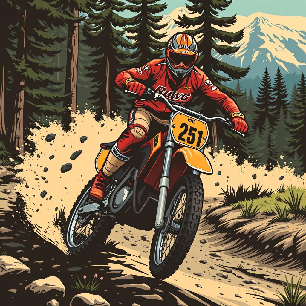 A vintage enduro motorcycle vector illustration showcasing a classic dirt bike in action on a rugged trail surrounded by trees and mountains