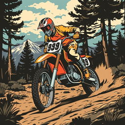 A vintage enduro motorcycle vector illustration showcasing a classic dirt bike in action on a rugged trail surrounded by trees and mountains