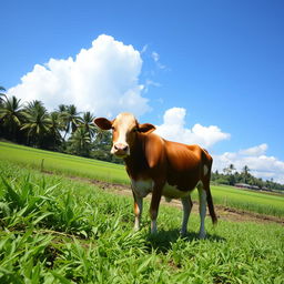 A serene rural scene featuring a cow standing in a lush green field in Indonesia during broad daylight