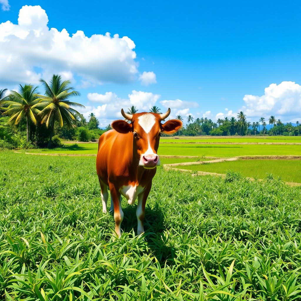 A serene rural scene featuring a cow standing in a lush green field in Indonesia during broad daylight