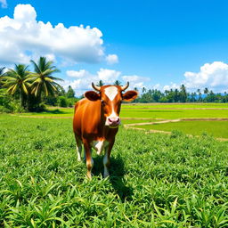 A serene rural scene featuring a cow standing in a lush green field in Indonesia during broad daylight