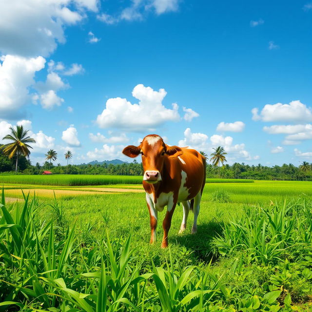 A serene rural scene featuring a cow standing in a lush green field in Indonesia during broad daylight