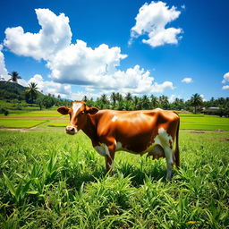 A serene rural scene featuring a cow standing in a lush green field in Indonesia during broad daylight