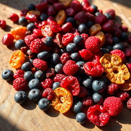 A vibrant and colorful assortment of dried berries, including cranberries, blueberries, and raspberries, displayed artistically on a rustic wooden table