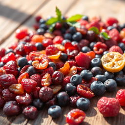 A vibrant and colorful assortment of dried berries, including cranberries, blueberries, and raspberries, displayed artistically on a rustic wooden table