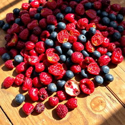 A vibrant and colorful assortment of dried berries, including cranberries, blueberries, and raspberries, displayed artistically on a rustic wooden table