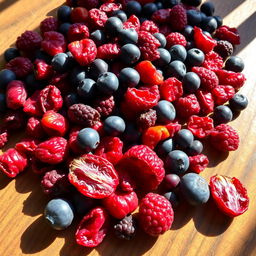 A vibrant and colorful assortment of dried berries, including cranberries, blueberries, and raspberries, displayed artistically on a rustic wooden table