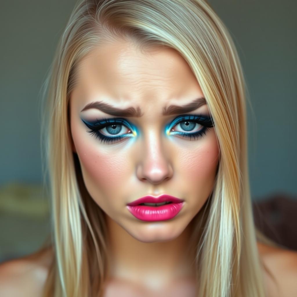 A beautiful 19-year-old blonde woman with a bright, expressive face, featuring vibrant makeup that includes frosted pastel blue eyeshadow, thick black eyeliner, and bright pink lipstick