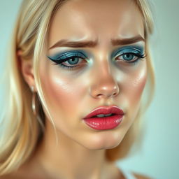 A beautiful 19-year-old blonde woman with a bright, expressive face, featuring vibrant makeup that includes frosted pastel blue eyeshadow, thick black eyeliner, and bright pink lipstick