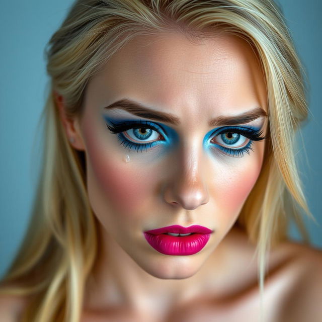 A beautiful 19-year-old blonde woman with a bright, expressive face, featuring vibrant makeup that includes frosted pastel blue eyeshadow, thick black eyeliner, and bright pink lipstick