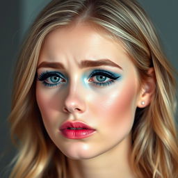 A beautiful 19-year-old blonde woman with a bright, expressive face, featuring vibrant makeup that includes frosted pastel blue eyeshadow, thick black eyeliner, and bright pink lipstick