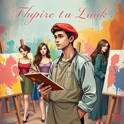 An enchanting e-book cover illustrating the theme of a young male painter in the 20th century with three loves