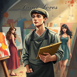 An enchanting e-book cover illustrating the theme of a young male painter in the 20th century with three loves