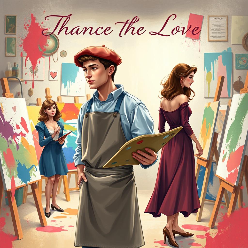 An enchanting e-book cover illustrating the theme of a young male painter in the 20th century with three loves