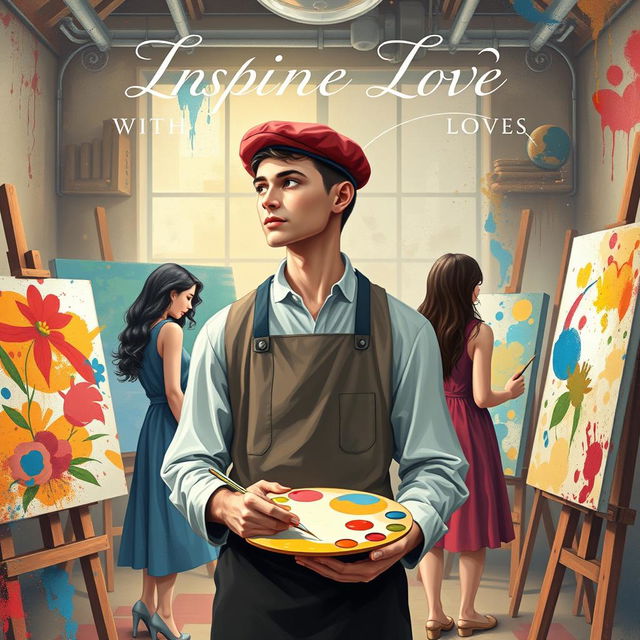 An enchanting e-book cover illustrating the theme of a young male painter in the 20th century with three loves